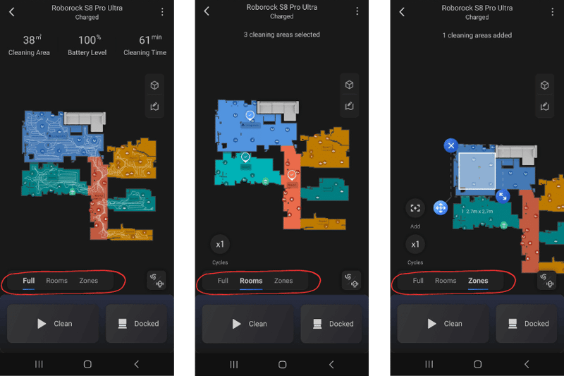 Selecting area, individual room, or full cleaning on the Roborock app